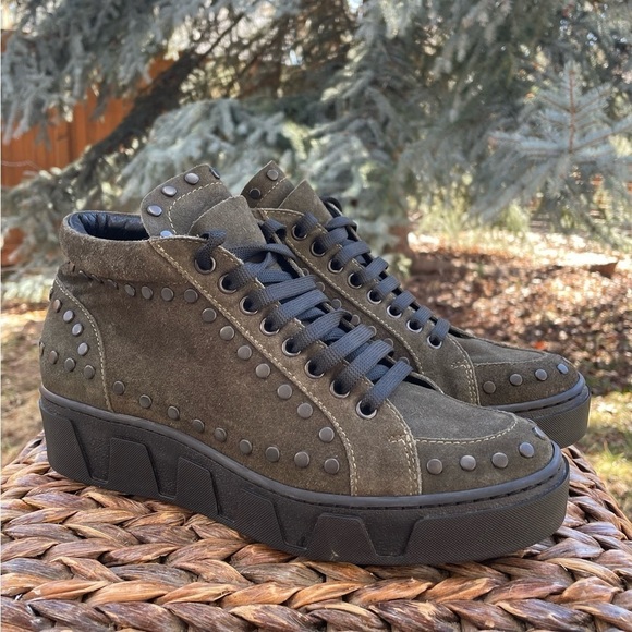 Olive Brown Bronze Studded Suede Platform Lace Up Street Ankle Boot - Picture 5 of 11